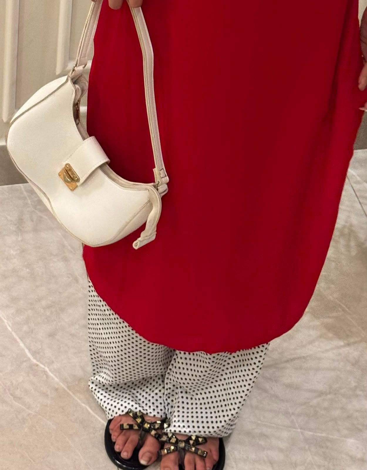 Polka dots trouser with red shirt